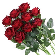 Artificial Silk Roses Real Touch Wedding Bridal Bouquet Burgundy Red 10 PCS