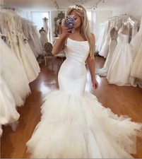 Strapless Mermaid Wedding Dresses Tiered Ivory Simple Bridal Gowns Back Lace-up