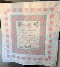 Vintage Handmade Baby Quilt Signed Dated 1988 Hand Embroidered Prayer Crib Quilt