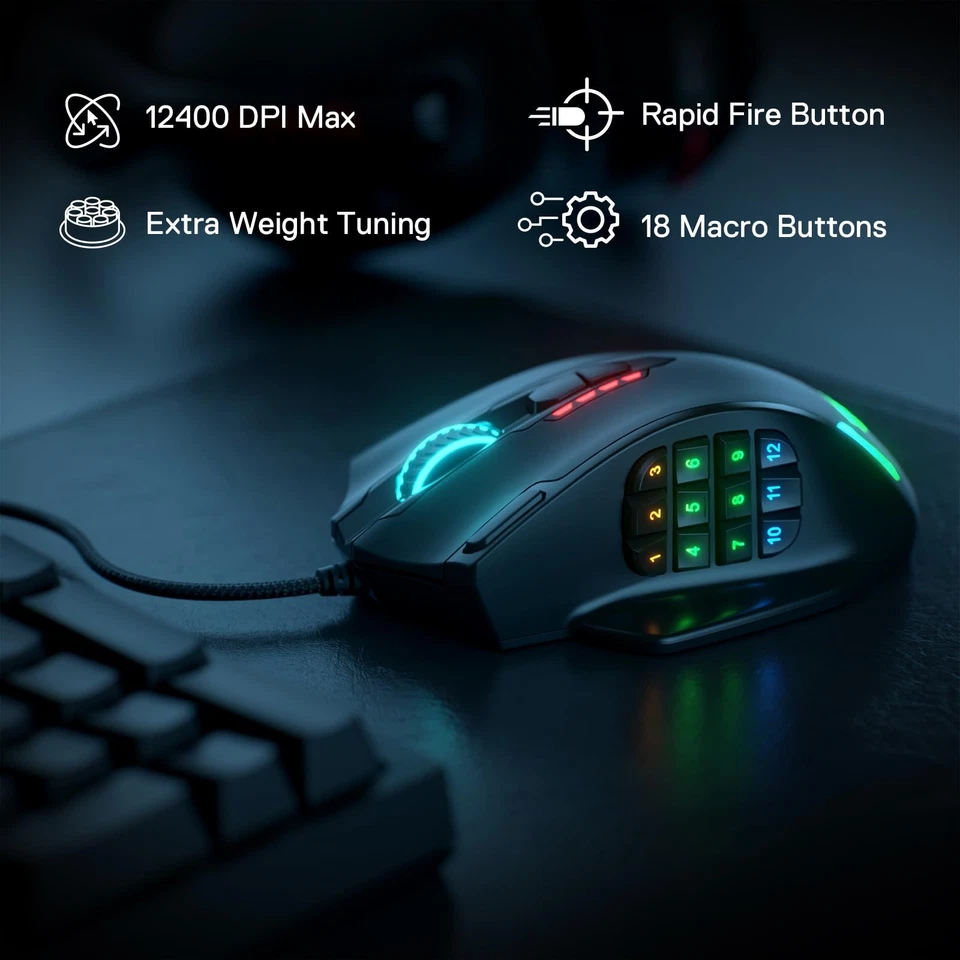 M908 Impact RGB LED MMO Gaming Mouse with 12 Side Buttons, Optical Wired Ergo... - Image 2 of 4