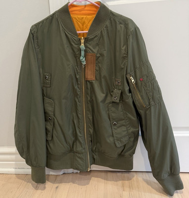 Alpha Industries Men's Vintage Green Bomber Jacket L Orange Lining (Reversible) 