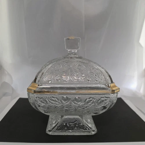 Vintage JEANETTE Oak Leaf & Acorn Clear Glass Covered Candy Dish Gold Trim