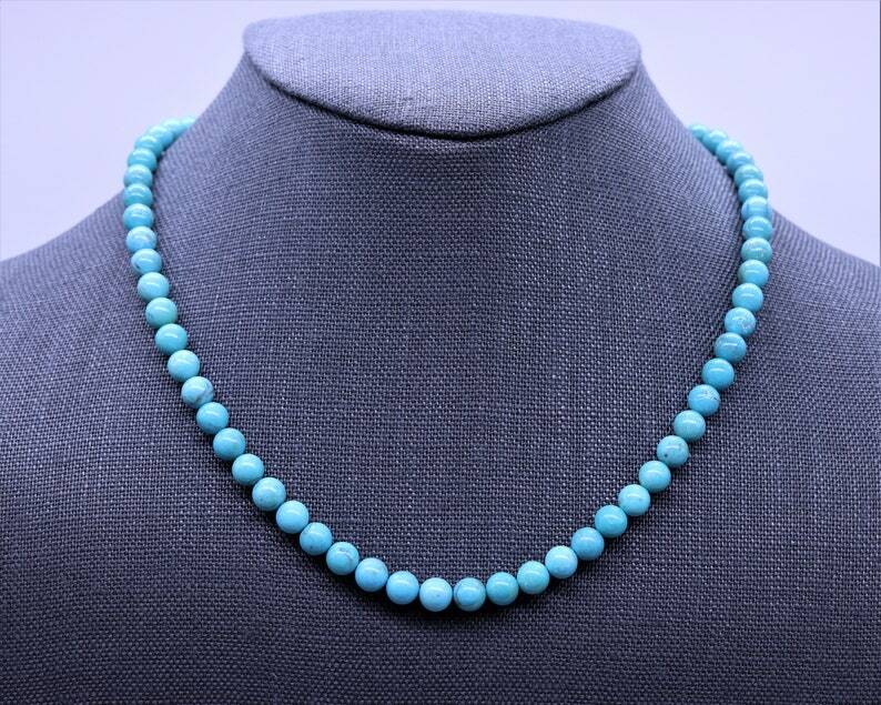Sky Blue 6mm Round Genuine Kingman Turquoise Beaded Gemstone Necklace