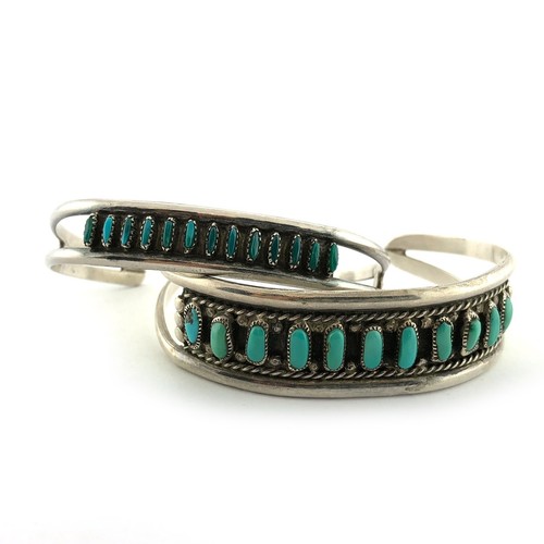 Zuni Sterling Silver & Turquoise Needlepoint Stacking Bracelets Cuffs TWO - Picture 1 of 6