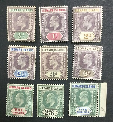 島ページ！！！ MOMEN: LEEWARD ISLANDS SG #20-28 1902 MINT OG H/2NH(1sh,2sh6d) LOT