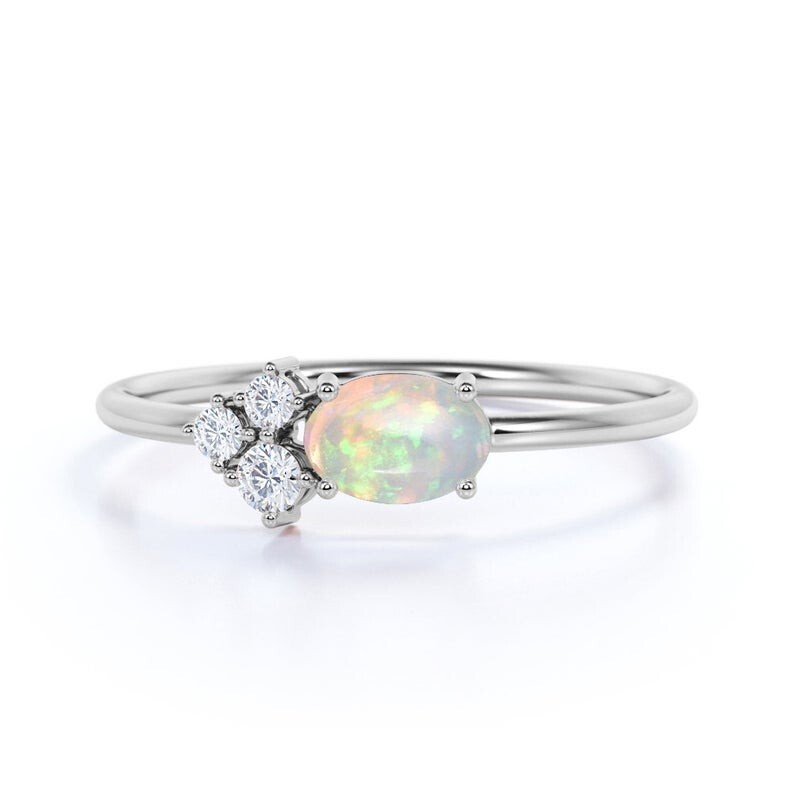 Birthstone Band Engagement Ring 14k White Gold Opalite Diamond Gemstone Jewelry