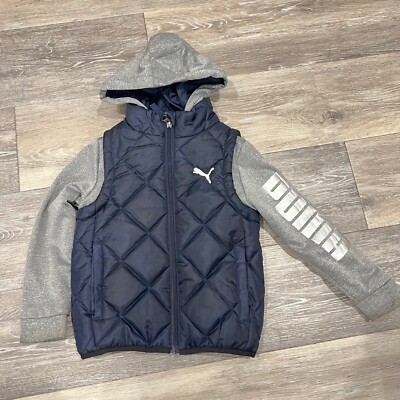 Boys PUMA Puffer Vest Hooded Navy Gray Jacket Size 5 EUC
