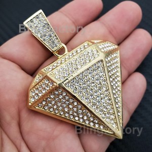 Authentic HIP HOP ICED GOLD PLATED CUBIC ZIRCONIA LARGE DIAMOND SHAPE CHARM PENDANT