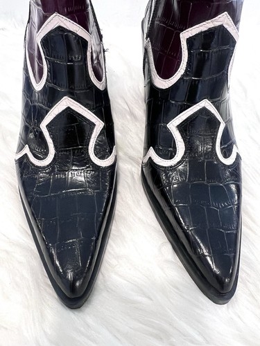 Zara Leather Heeled Cowboy Ankle Boots Black Multicolored Women Size US 6.5 - Picture 8 of 16