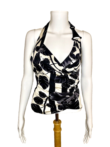 VERSACE Floral Halter Blouse Top S IT 38 V-neck Silk Blend Black White Grey