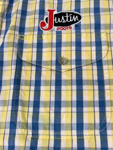 Wrangler x Justin Boots Shirt Men's Large Blue Yellow White Check Cotton Western - Picture 7 of 12