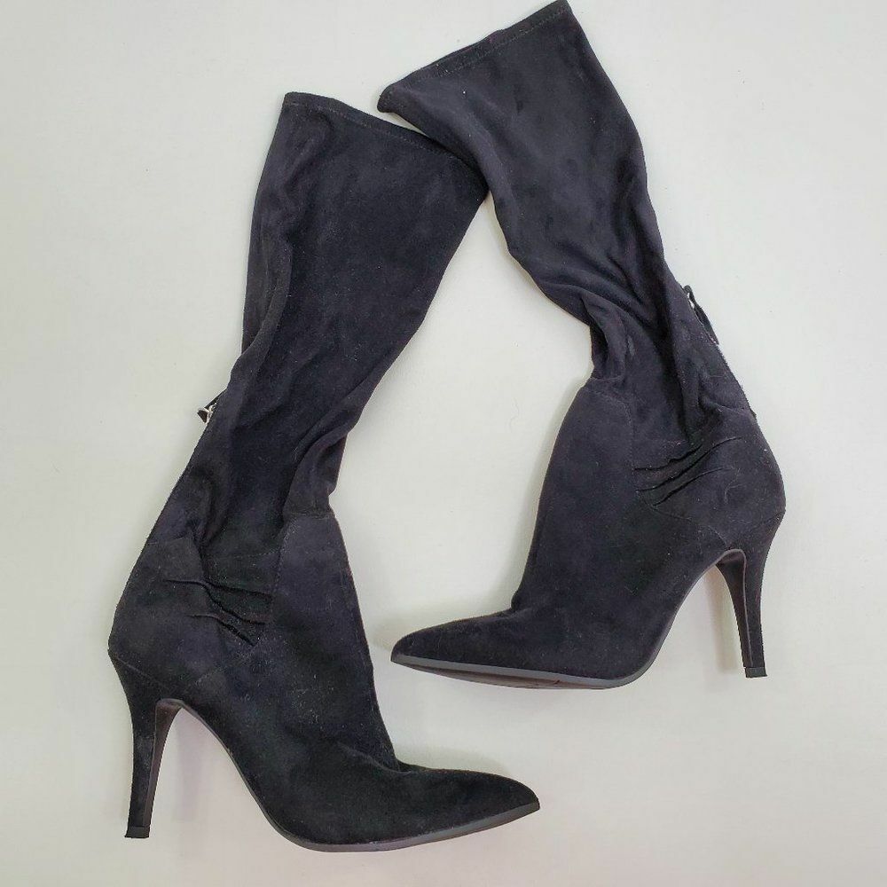 Nine West Sock Boots M Black Heel Faux Suede Tall Knee Pointed