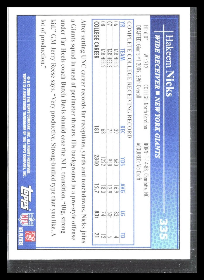 Hakeem Nicks 2009 Topps #335 RC - Image 2 of 2