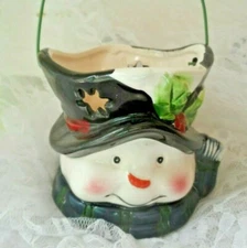 Christmas Votive/Lantern - CERAMIC PORCELAIN SNOWMAN HEAD w/HANDLE