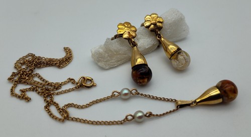 Vintage Floating Opal Necklace Earrings Screw Earrings Gold Filled Flower Pearls - Picture 2 of 3