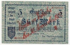 GERMANY ELBERFELD 5 MARK 1918 OVPT WAR NOTGELD EMERGENCY MONEY LOOK SCANS