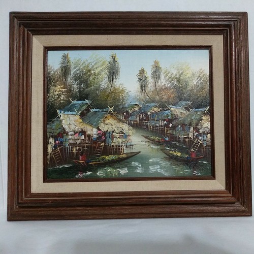 Unsigned Thailand Southeast Asia Canal Oil Painting Framed Vintage Village Scene - 第 1/10 張圖片