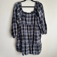 Universal Thread Babydoll Dress Blue Brown Plaid Square Neck womens XL