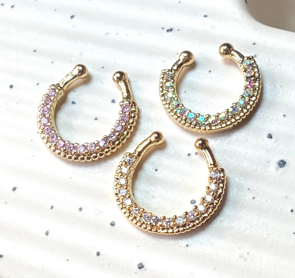 Anillo de nariz falsa con clip para colgar tabique gema pavimentada de una sola línea dorada sin perforar de 1 pieza Foto 2 de 4