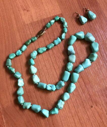 Vintage Turquoise Necklace With Sterling Silver Clasp Plus Pair Of Ear Ring - Picture 1 of 12