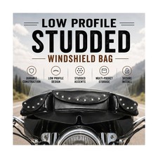 Low Profile Studded Motorcycle Windshield Bag Triple Pocket Cruiser Storage