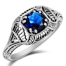 1CT Treated Blue Sapphire 925 Sterling Silver Art Deco Style Ring Sz 6,9 US2