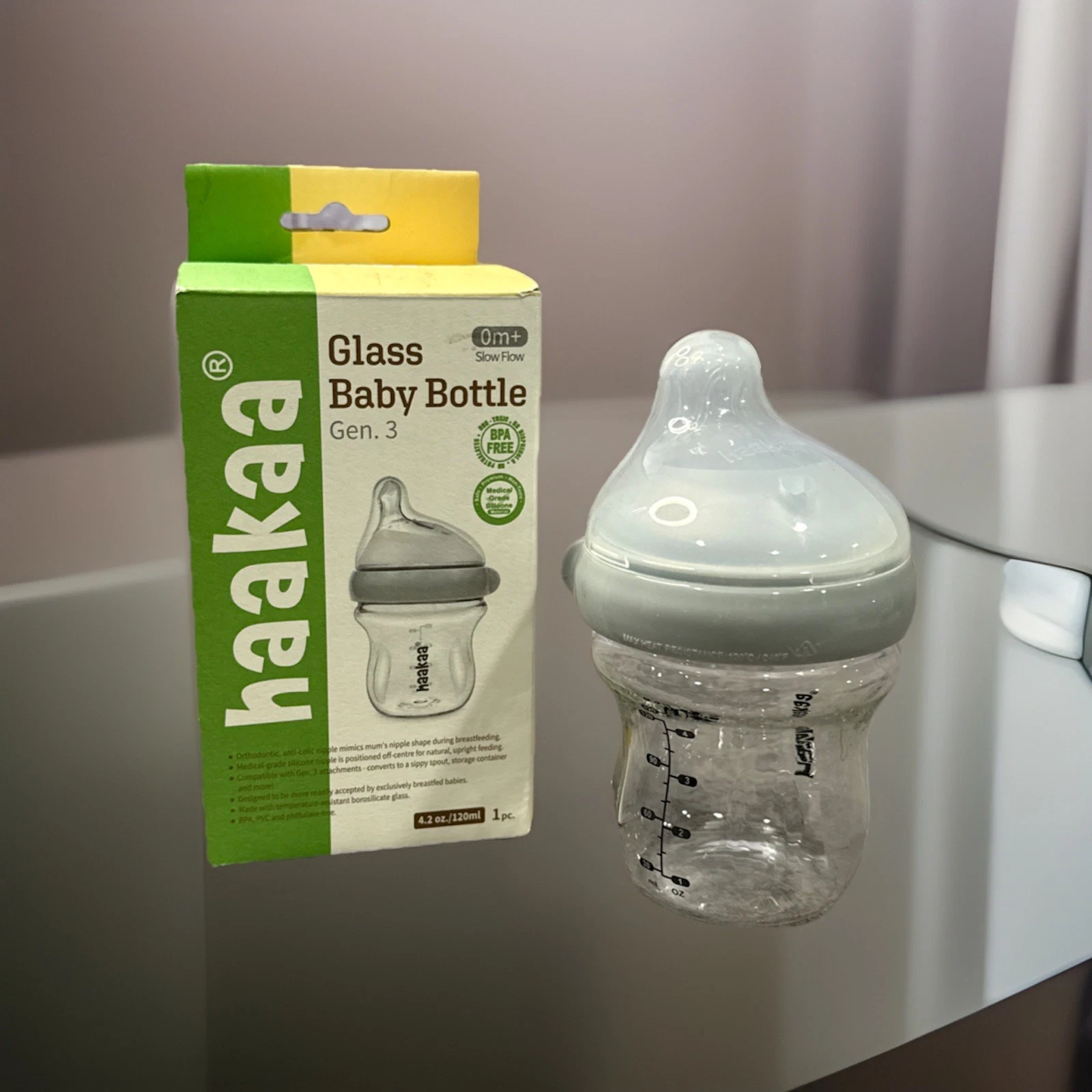 Gen. 3 Anti-Colic Wide Neck Glass Baby Bottle 4 oz/120 ml with Slow Flow