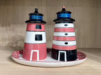 Vintage Lighthouse Oil & Vinegar Set w/ Tray   Nautical Kitchen Decor   NEW