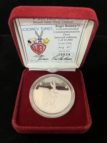 1987 Bugs Bunny 1oz .999 silver Proof Round With COA In Box Highland Mint #5534