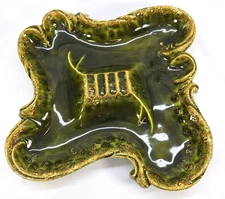 Vintage MCM Glaze Ashtray Ceramic Retro Green and Gold 1970s 8"