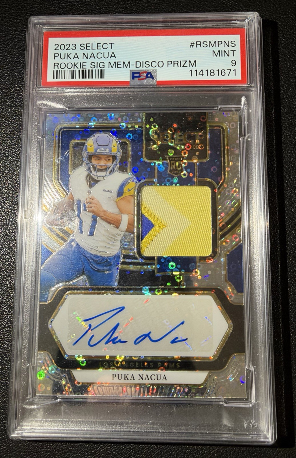 2023 Panini Select Puka Nacua Rookie Sig Mem Disco Prizm /25 PSA 9 Auto Rams
