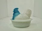 HTF Vintage Westmoreland milk glass hen on a nest W/blue Slag Glass Head 2pcs
