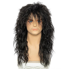 Men 80S Wig Long Curly Black Mullet Wigs 80S Heavy Metal Rock Style Wigs for Hal