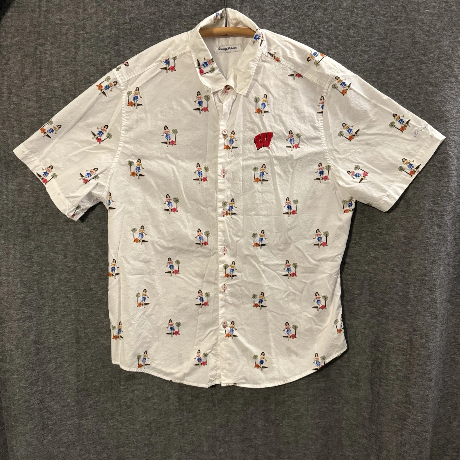 Tommy Bahama Mens Size Large White Dancing Girls Button Up Short Sleeve 245