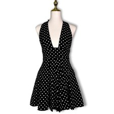 ZARA Black White Polka Dot Halter Short Dress Open Back Bow Skater Mini XS NWT