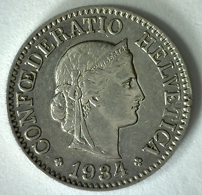 1934 Switzerland 10 Rappen Swiss Helvetia Copper Nickel Circulated