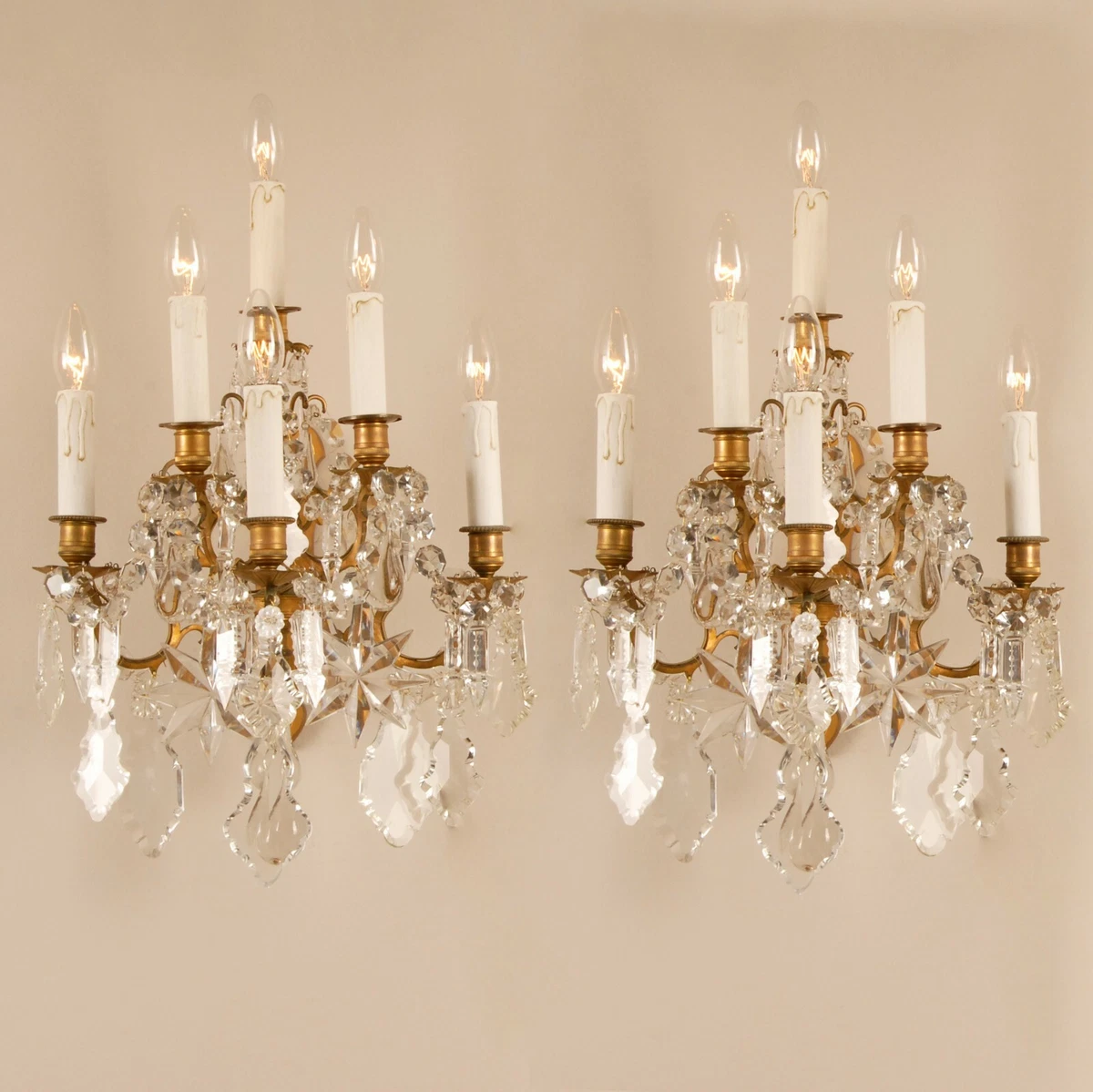 Victorian French Baccarat Crystal Sconces 6 light Glass Wall Lamps Pendants