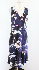 Vince Camuto Navy Blue Black Pink Floral V Neck Cocktail Party Flounce Dress 6