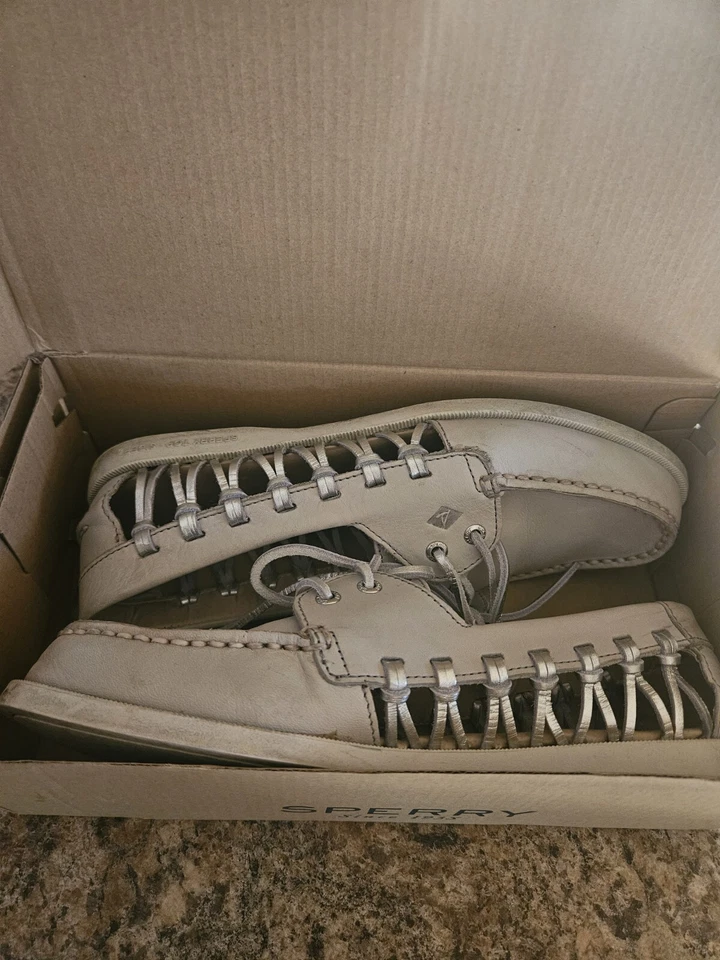 Sperry Top-Sider A/O Haven Leather mesh loafer womens flats 8.5M Lt Gray & Slvr - Image 2 of 4