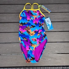 TYR The Finals Funky Non Foil Neon/blue Girls Women's  1 Piece Swim Size 32 New