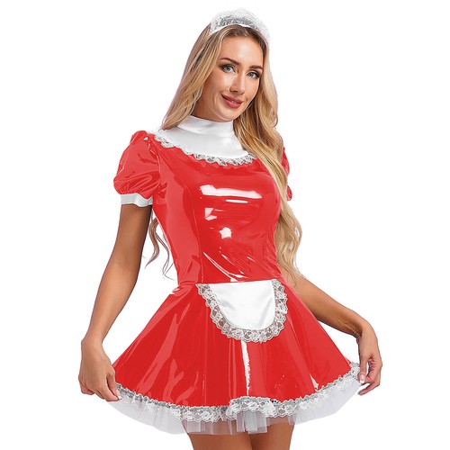Womens Sexy Dress Shiny Metallic Cosplay Party Dress Up Wet Look Lace Apron - Picture 18 of 35