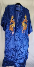 Vintage Golden Dragon Silk Hand Embroidered Japan Kimono Robe Blue Size Small