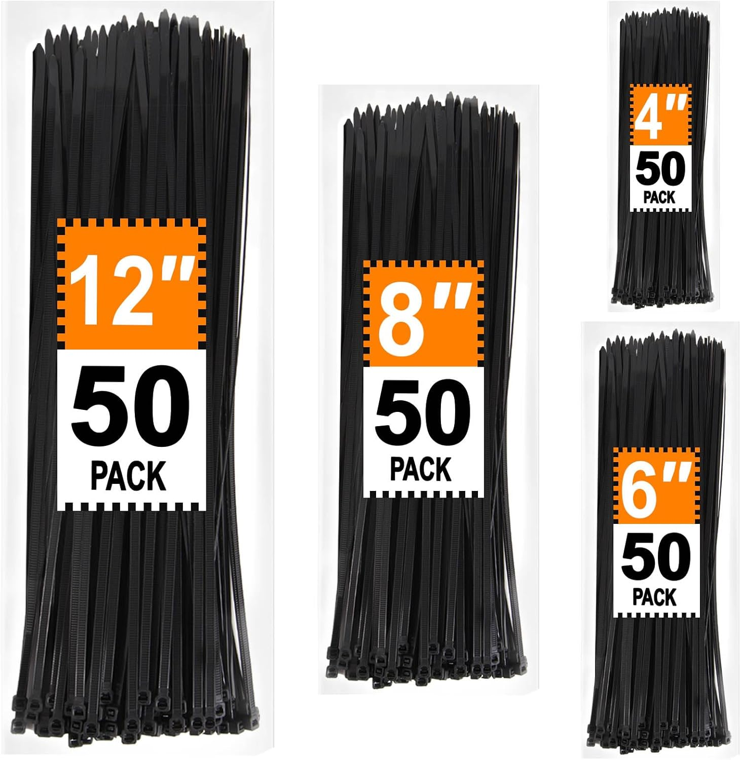 Zip Ties Assorted Sizes 4+6+8+12 Inc, 200 Pack, Black Cable Ties, UV Resista..✔️