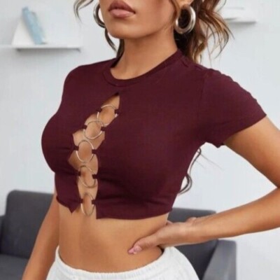 Maroon Ring Front Crop Top Size L (12-14)