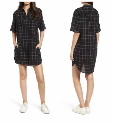 Current/Elliott Black Workwear Windowpane Shirtdress Short Casual Dress Sz 1(S)