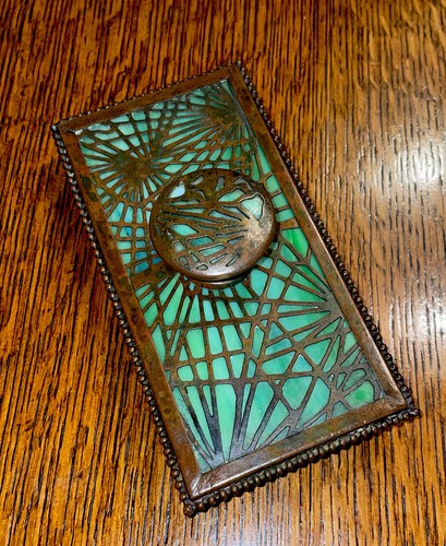 ANTIQUE TIFFANY STUDIOS NY#995 PINENEEDLE BEADED ROCKER BLOTTER w/GREEN FAVRILE