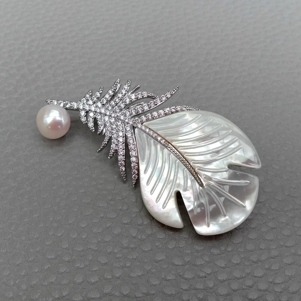 Natural White Sea Shell Mop Carved Leather Shape Cz Pave White Pearl Brooch - Image 3 of 4