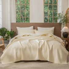 Stripe Stitch Quilt Set 100 Washed Cotton Coverlet Bedspread Linen Like with...