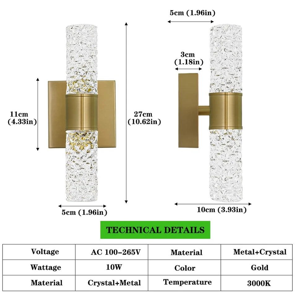 Crystal LED Wall Sconces Set of 2, Brushed Gold Bathroom Light Fixtures, Mode... - Image 3 of 4