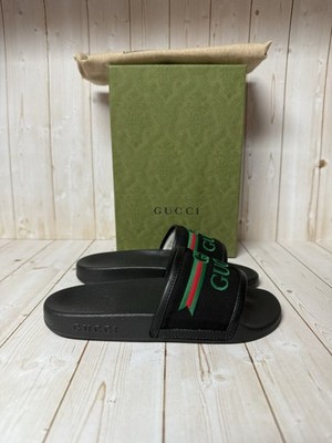 Gucci Embroidered Stripe Logo Canvas Slide Sandals Black